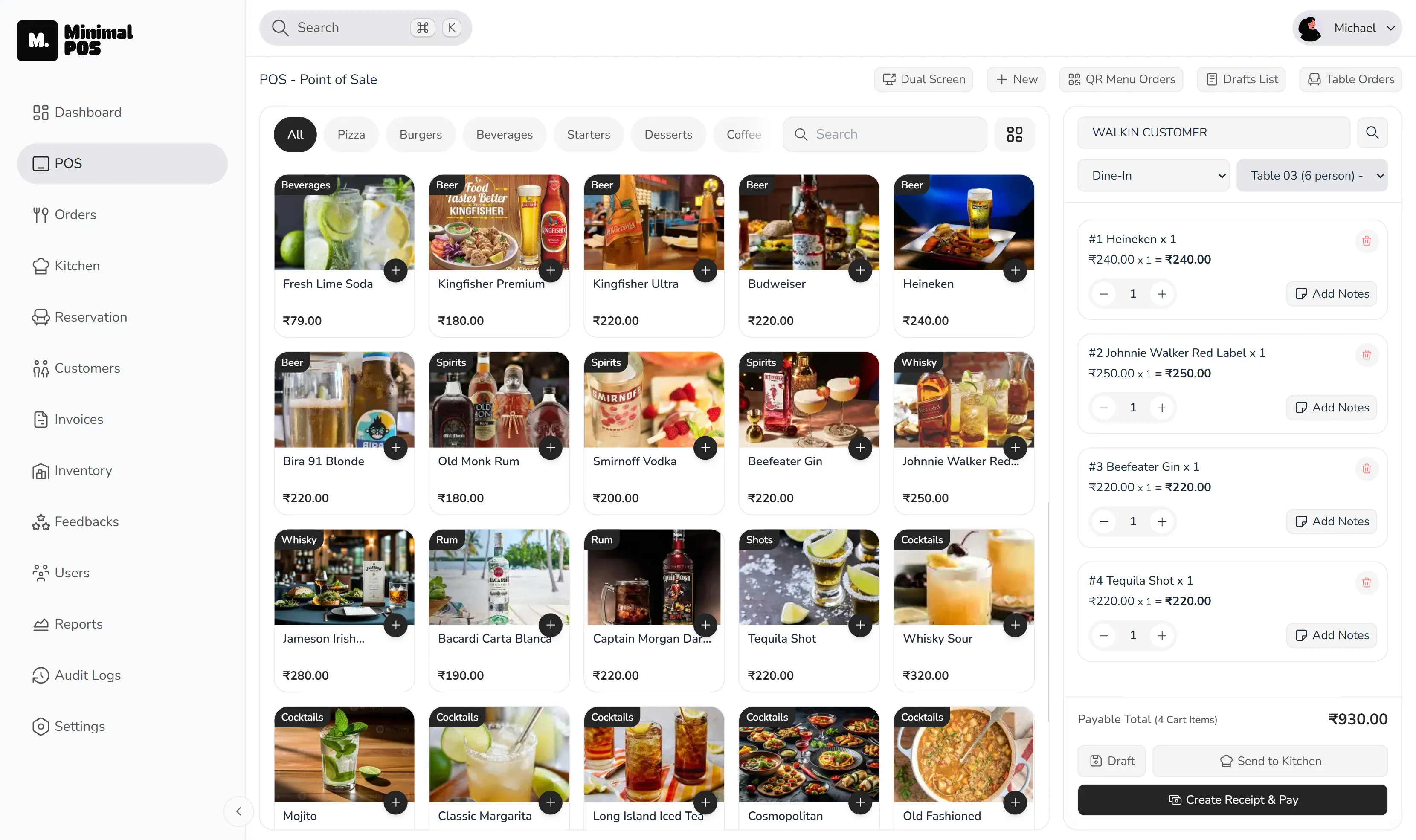 MinimalPOS bar point-of-sale screen for managing orders during service