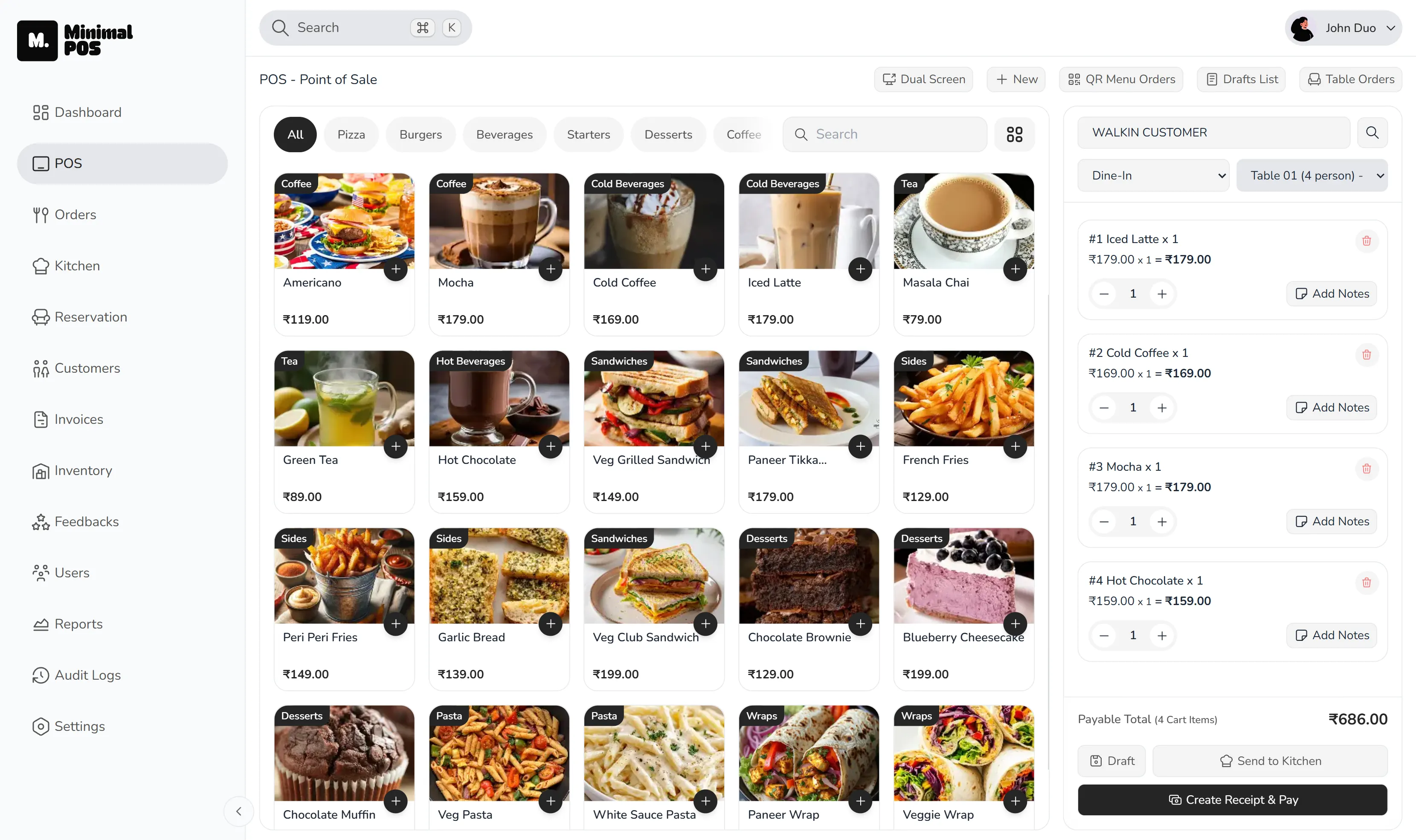 MinimalPOS café point-of-sale screen for taking and preparing customer orders