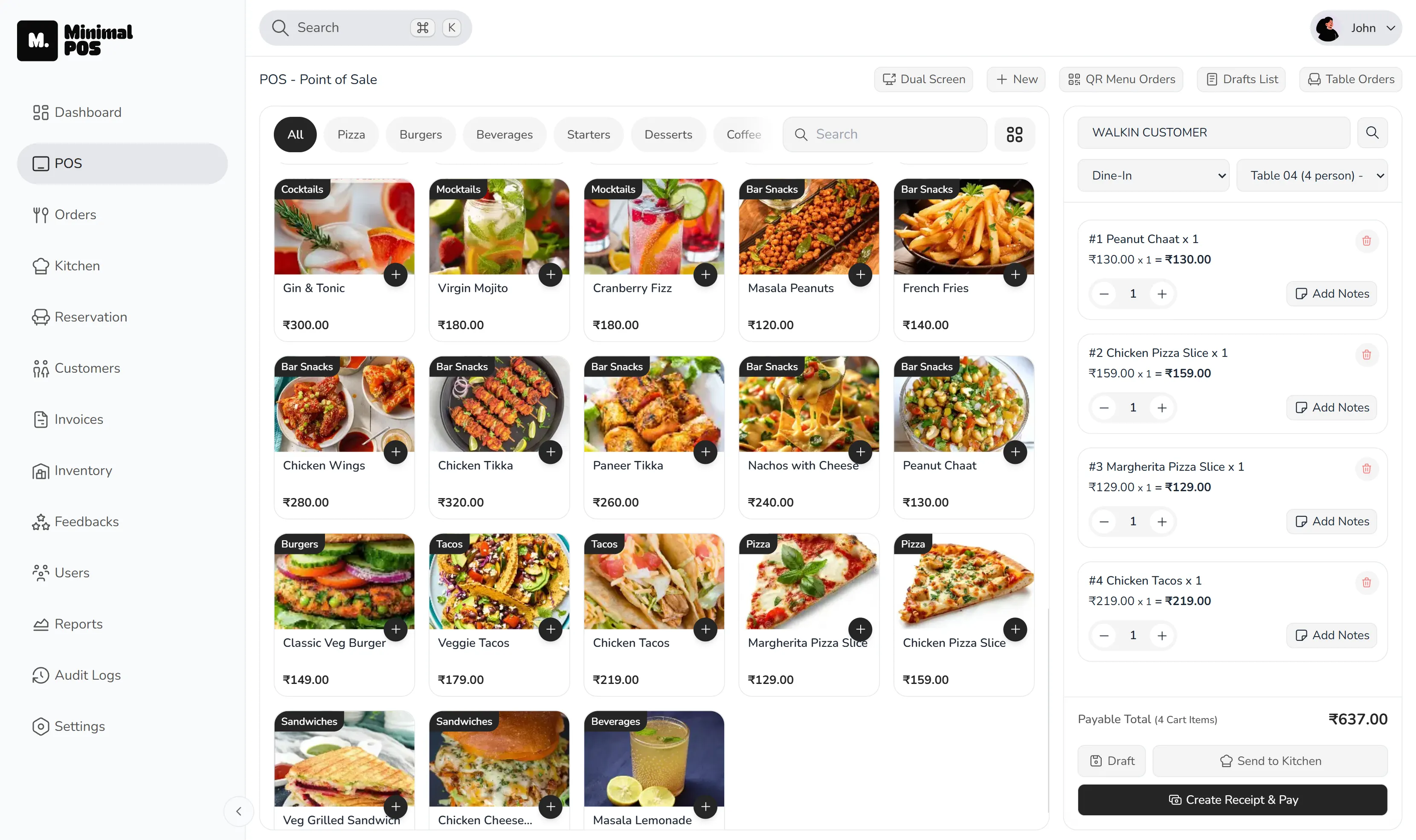 MinimalPOS food truck point-of-sale screen for takeaway ordering and billing