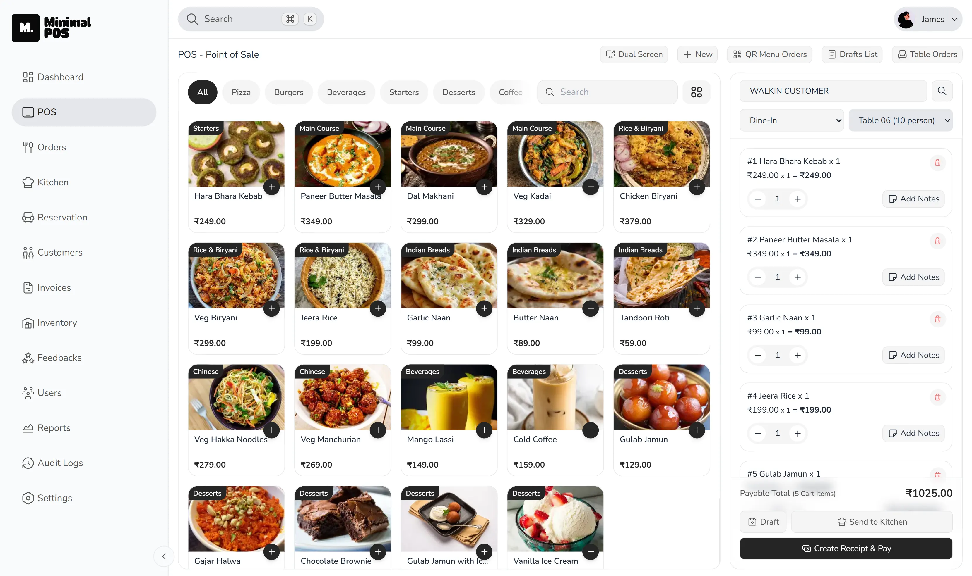MinimalPOS restaurant point-of-sale screen with menu items, an active table order and payment controls