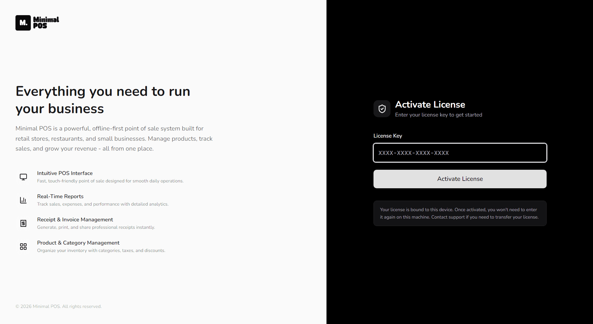 MinimalPOS Activation Screen