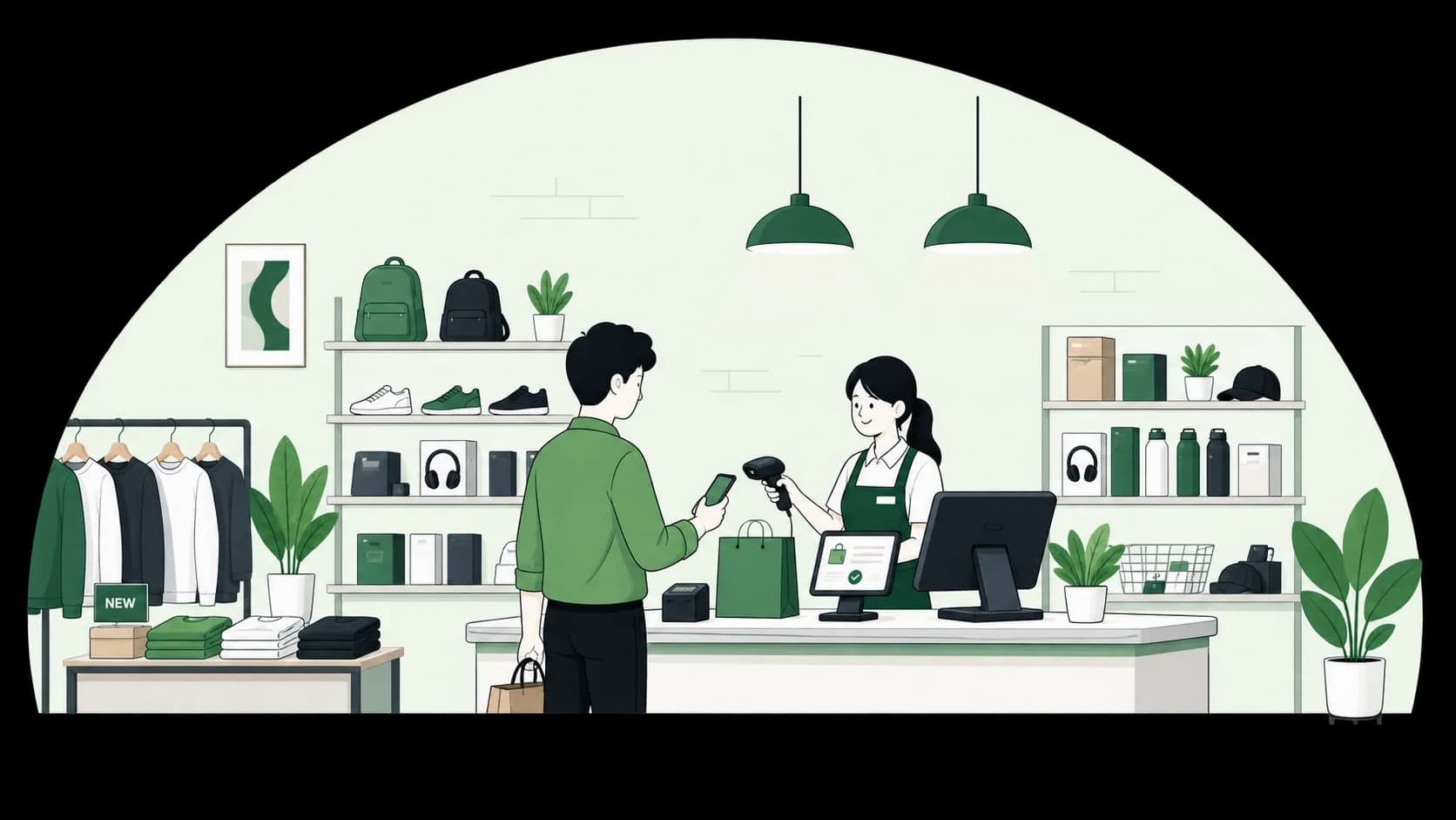 Retail cashier using MinimalPOS at a modern store counter